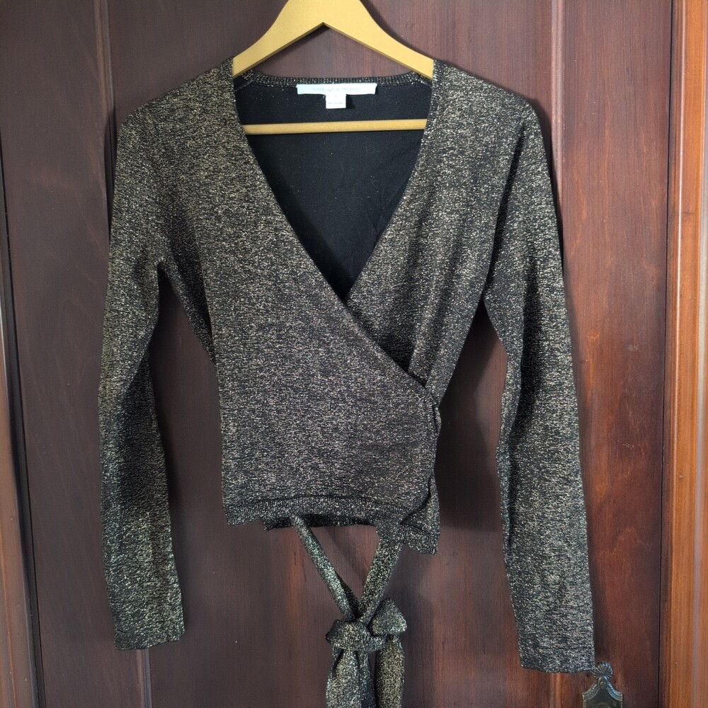 DVF Diane von Furstenberg Metallic Ballerina Wrap Sweater Small EUC Shimmer Gold